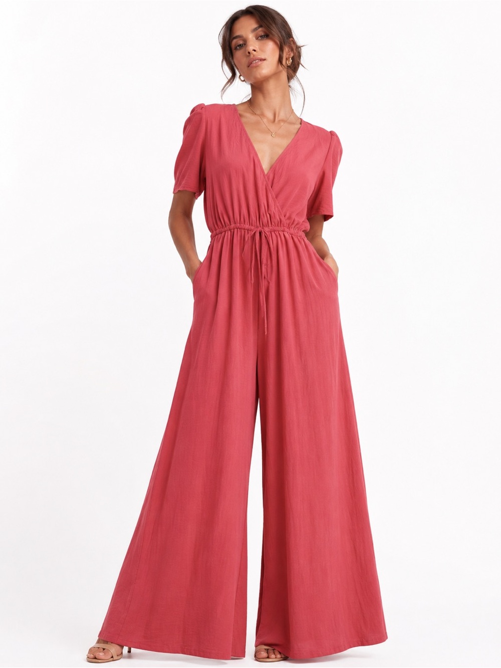 Wide-Leg V-Neck Jumpsuit in Dusty Rose